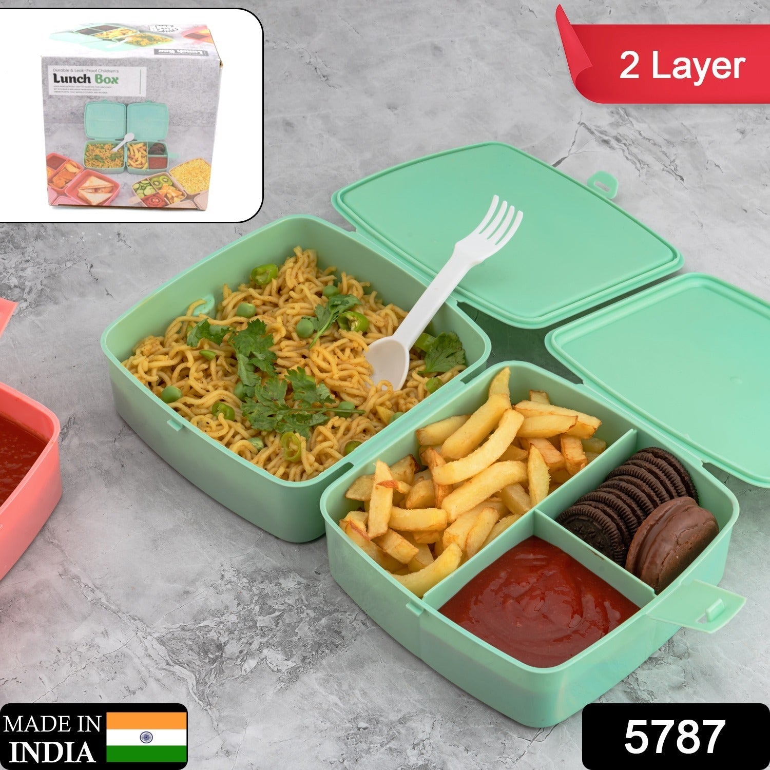 5787 Double-Layer Square Lunch Box with Spoon , 4 Compartment Tiffin & Push Lock , Plastic Tiffin Box for Travelling, School Kids & Office Exclusive, Home 5787 Double-Layer Square Lunch Box with Spoon , 4 Compartment Tiffin & Push Lock , Plastic Tiffin Box for Travelling, School Kids & Office Exclusive, Home